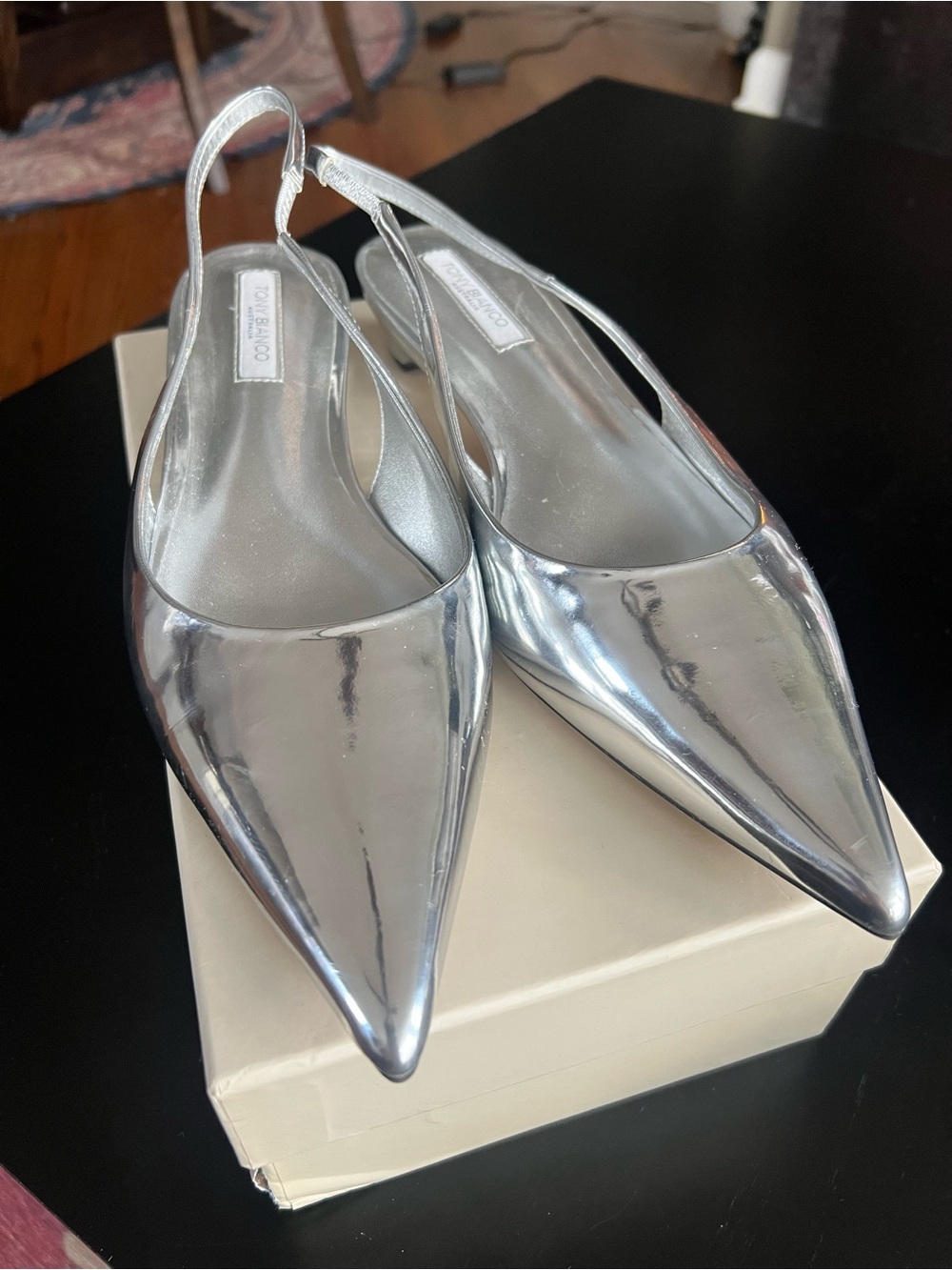 Tony Bianco, Size 9 - Silver Pointed Block Kitten Heel Slingback, Style: Elijah